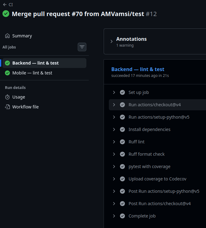 Backend lint and test job details
